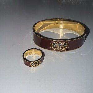 Gucci Maroon and Gold Logo Bracelet and Ring Set